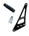 Black shift lock bracket with 'epic e rides' branding, a black foot lock, and a clear plastic bag with screws on a brown surface.