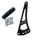 Black shift lock bracket with 'epic e rides' branding, a black foot lock, and a clear plastic bag with screws on a brown surface.