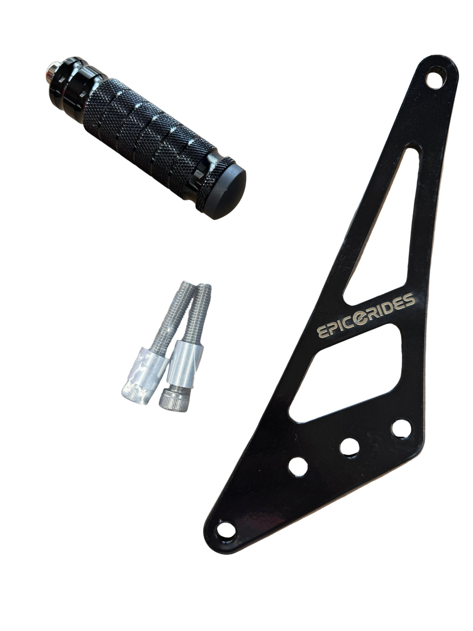 Black shift lock bracket with 'epic e rides' branding, a black foot lock, and a clear plastic bag with screws on a brown surface.