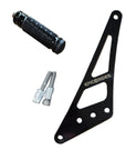 Black shift lock bracket with 'epic e rides' branding, a black foot lock, and a clear plastic bag with screws on a brown surface.
